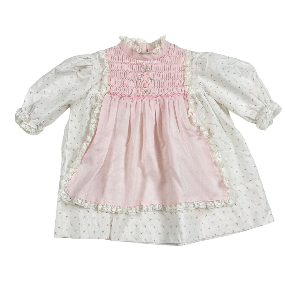 Vtg Hand Smocked Dress 24 Mo. Polly Flinders Calico w Pink Apron Lace 3/4 Sleeve